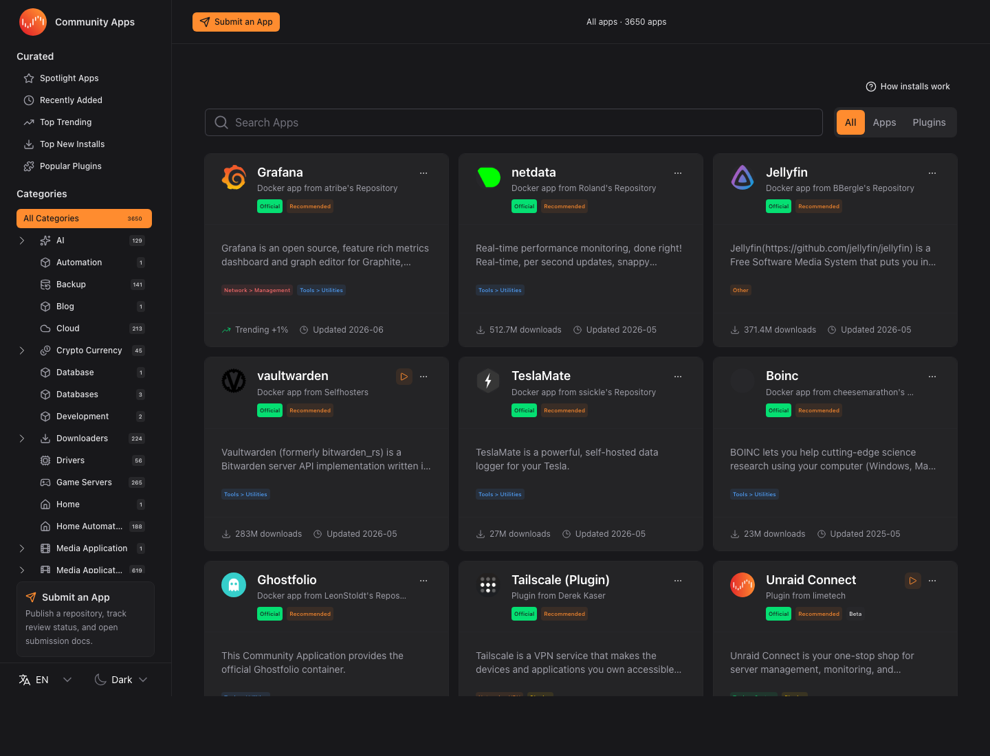 Live Community Apps listing with filters, categories, app cards, and current app counts