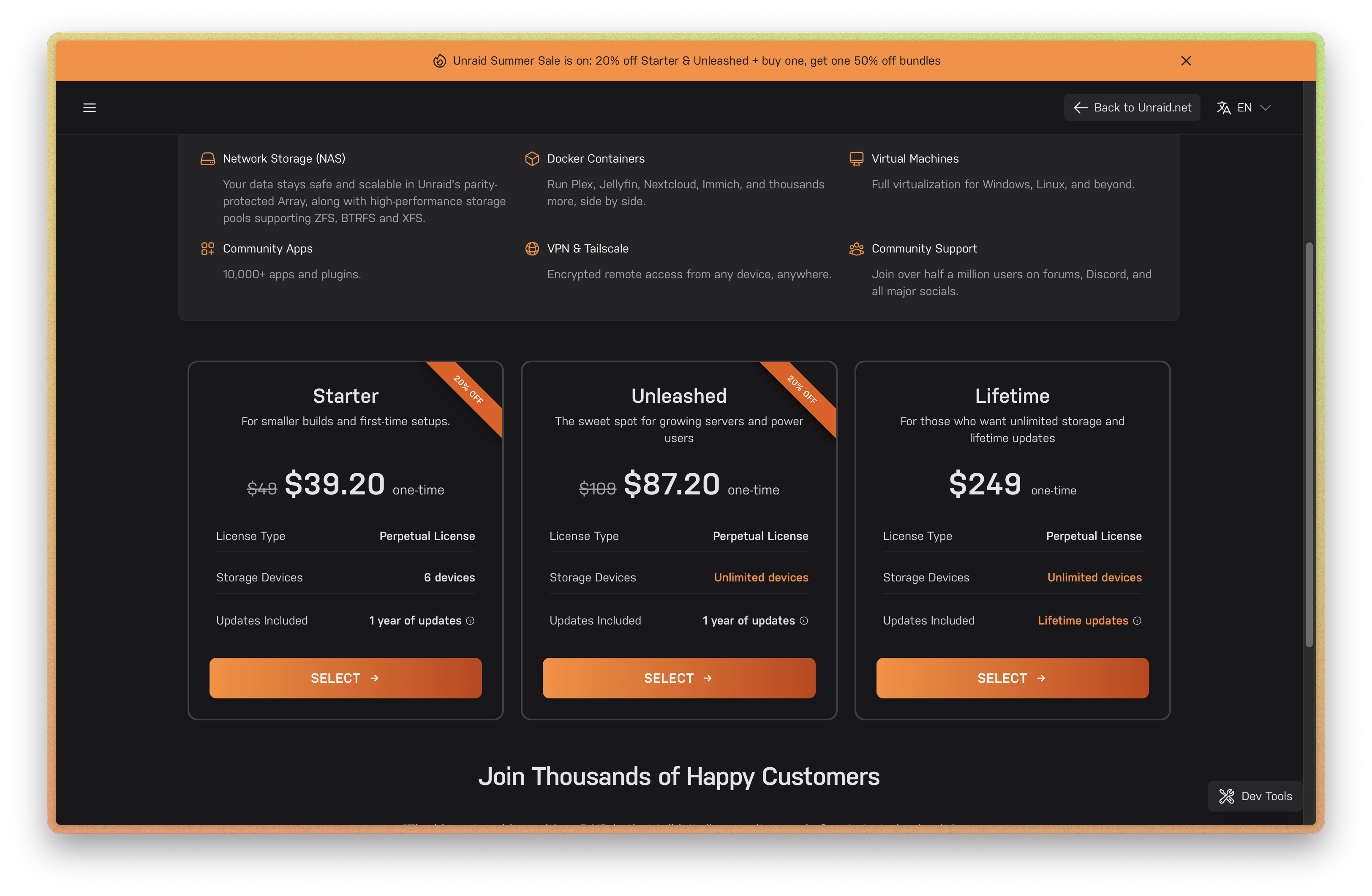 Unraid.net purchase flow — Starter, Unleashed, and Lifetime licensing tiers